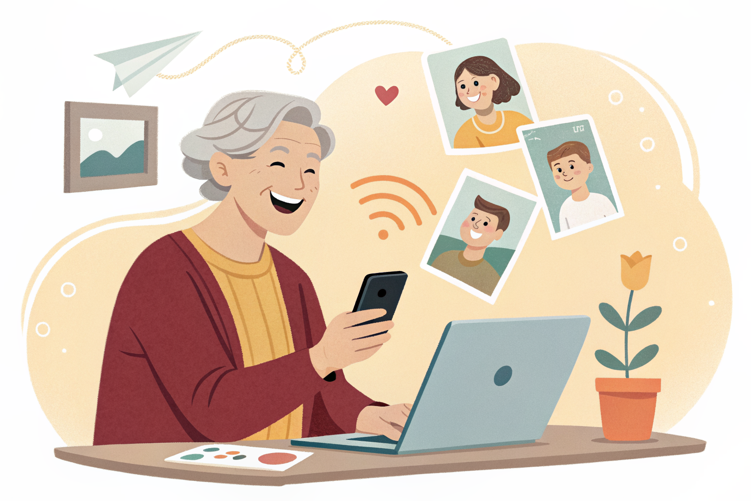 시니어가 스마트폰에서 노트북으로 사진을 무선 전송하는 모습 일러스트