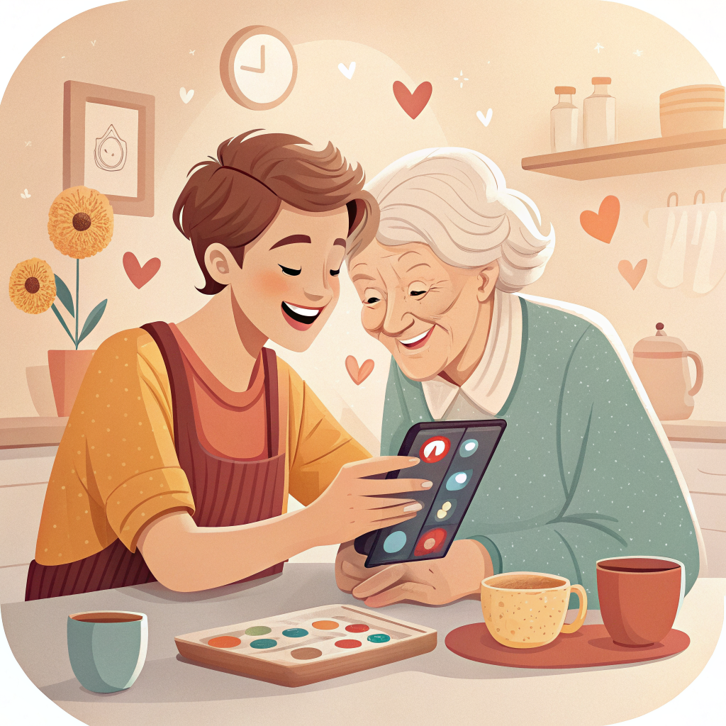 자녀가 부모님 스마트폰 앱 설정을 도와주는 모습