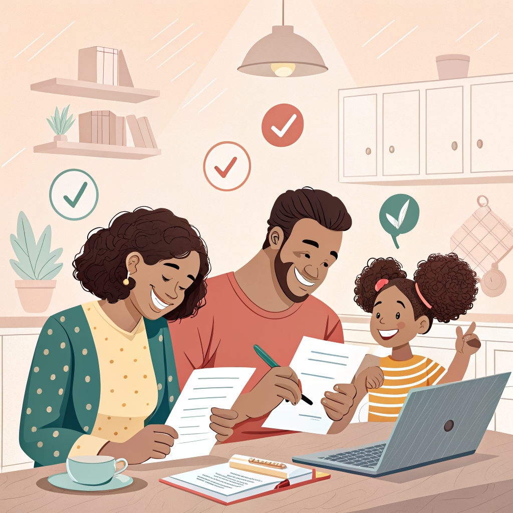 가족이 함께 정부 복지 혜택 서류를 검토하는 일러스트