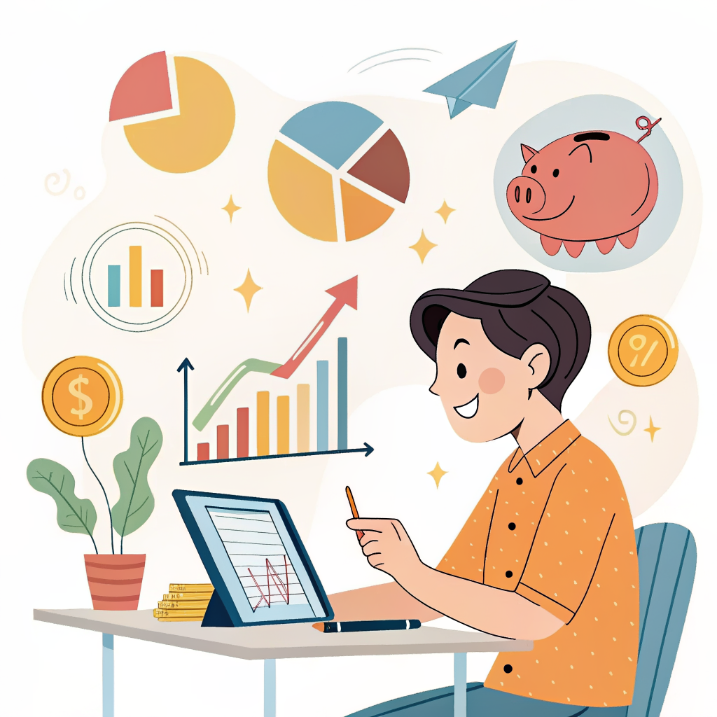 태블릿으로 재무 분석하는 일러스트 - 개인 재무상태표 분석 방법