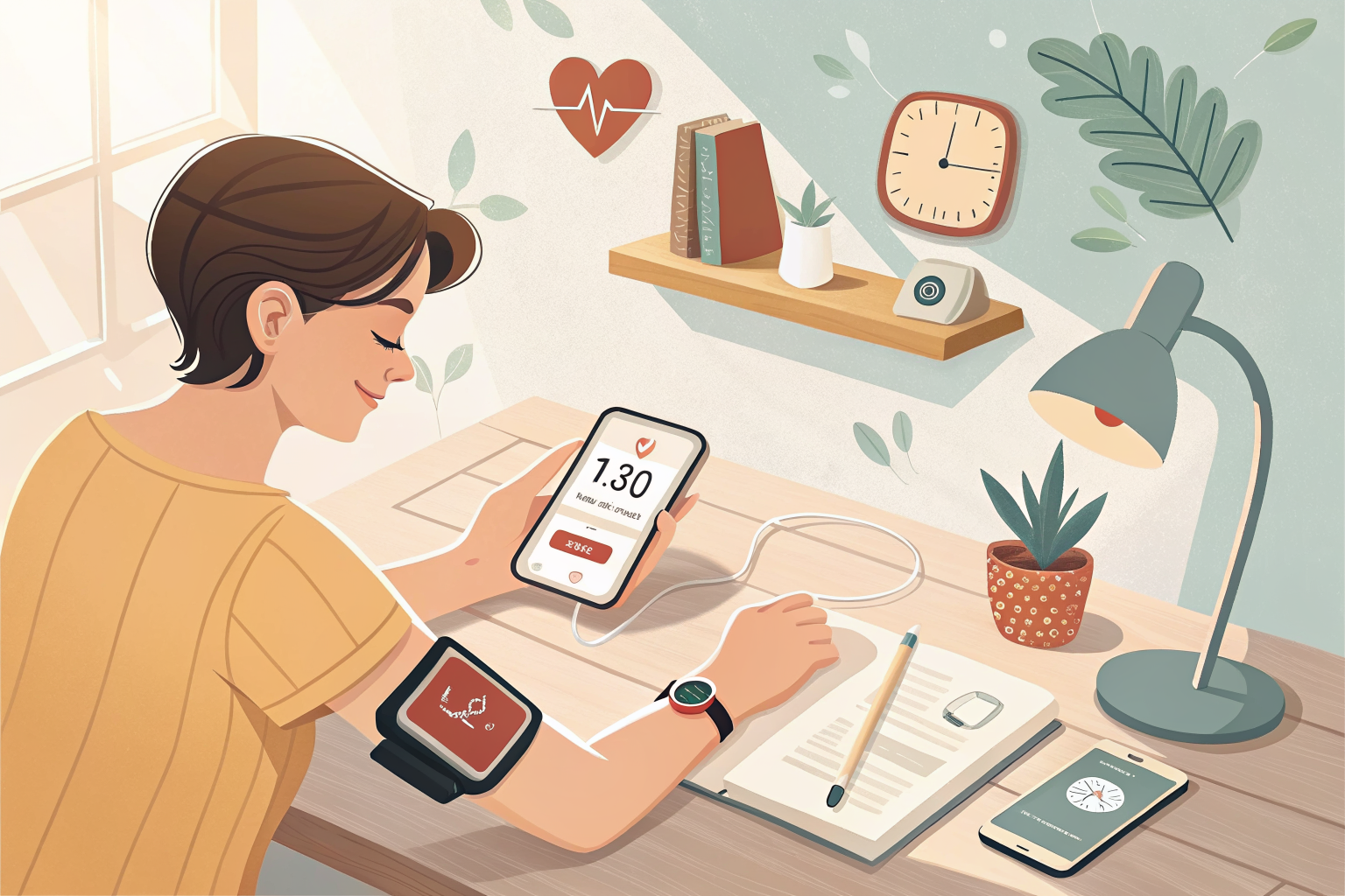 스마트폰 건강관리 앱과 스마트 기기를 활용해 집에서 건강을 관리하는 모습