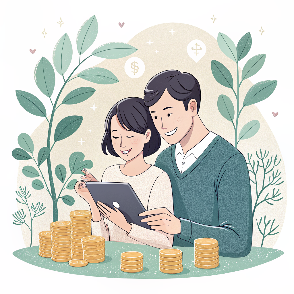 무지출 챌린지 저축 성과 확인 부부 일러스트