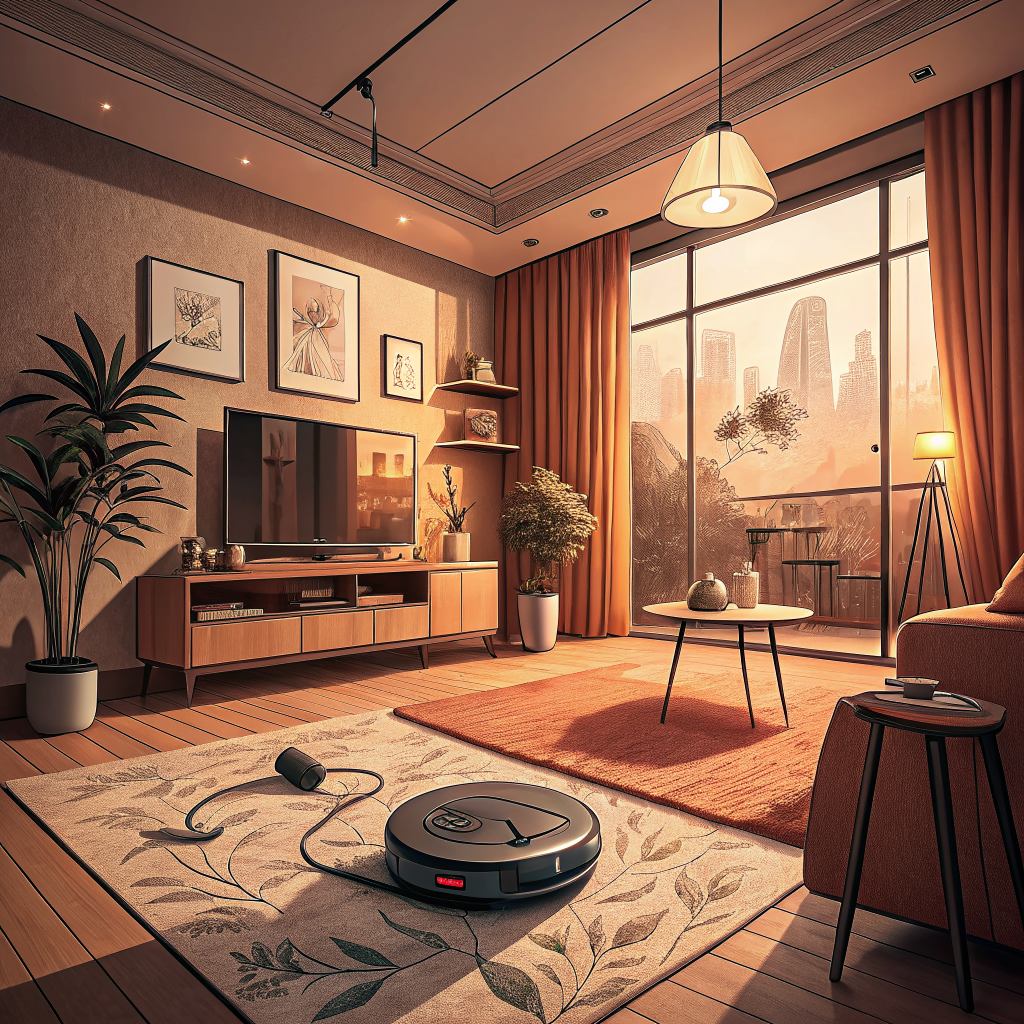 스마트홈 자동화가 적용된 현대식 거실 인테리어 일러스트
