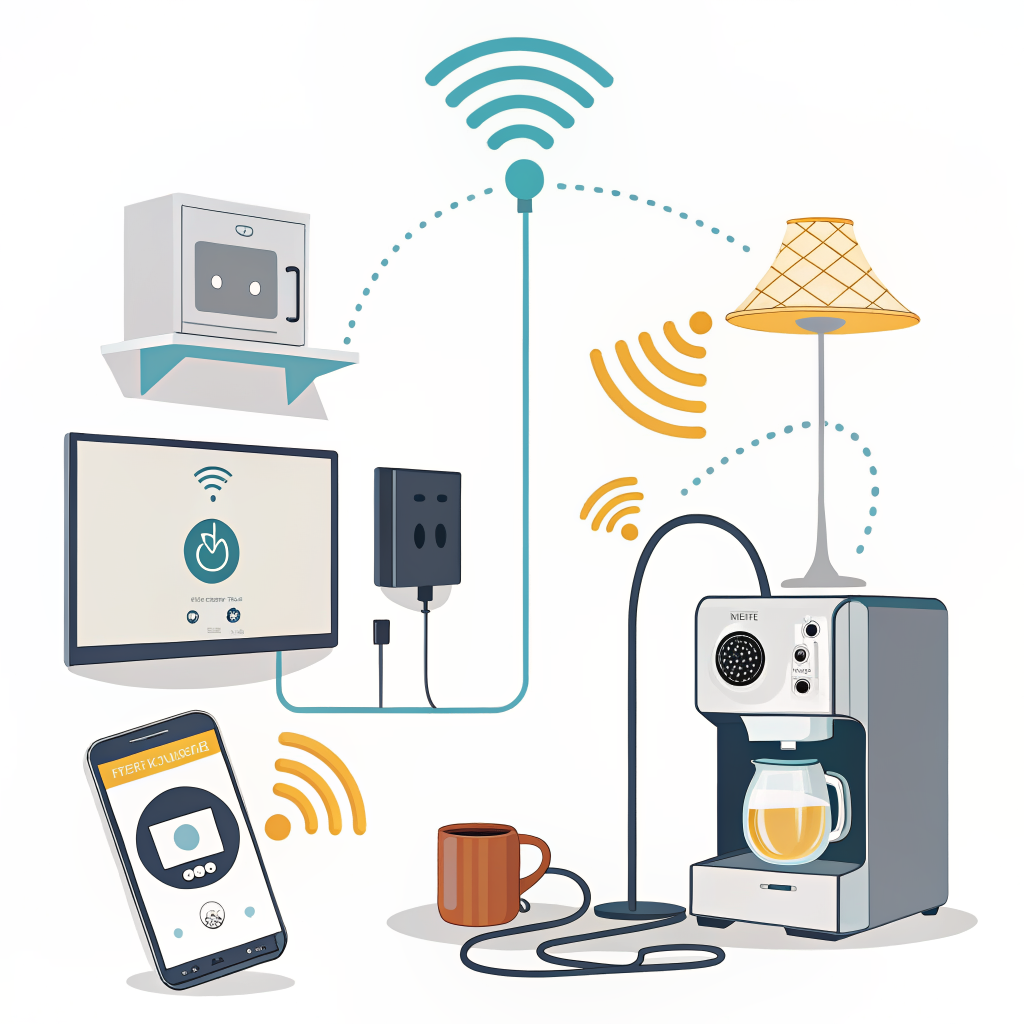 스마트 플러그로 가전제품을 원격 제어하는 모습을 보여주는 일러스트