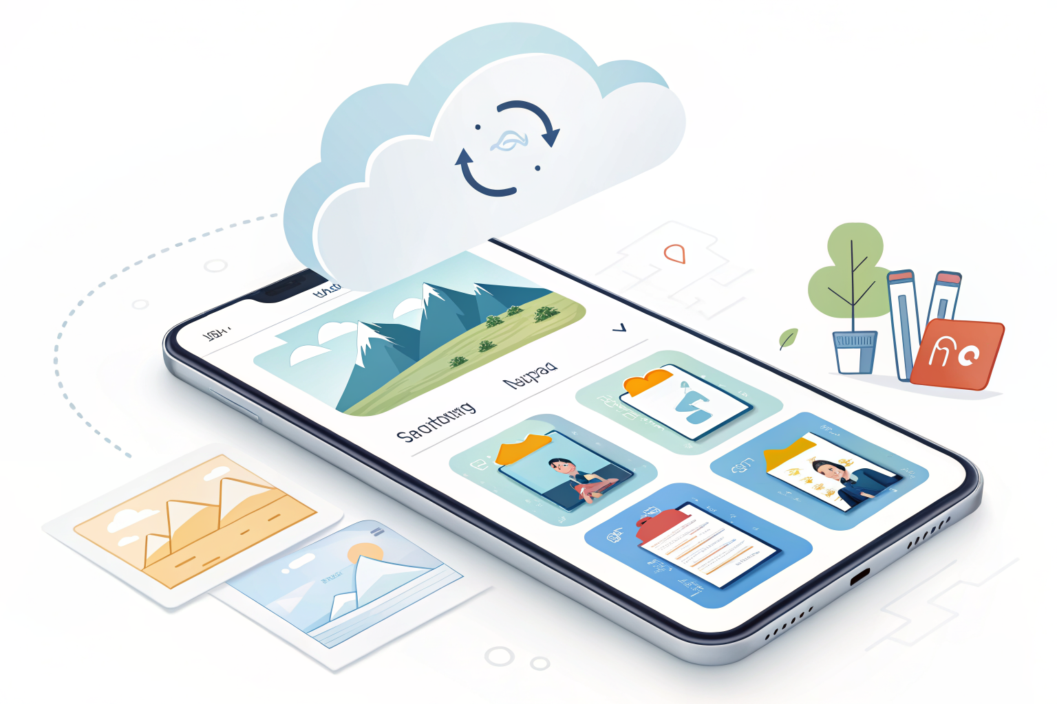 스마트폰 사진 정리와 클라우드 백업 개념을 보여주는 일러스트