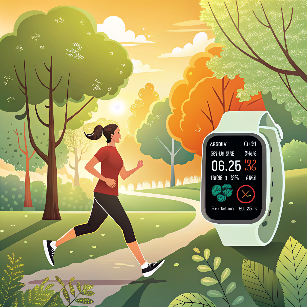 스마트워치 운동 추적 일러스트 - 조깅하며 걸음수 칼로리 확인