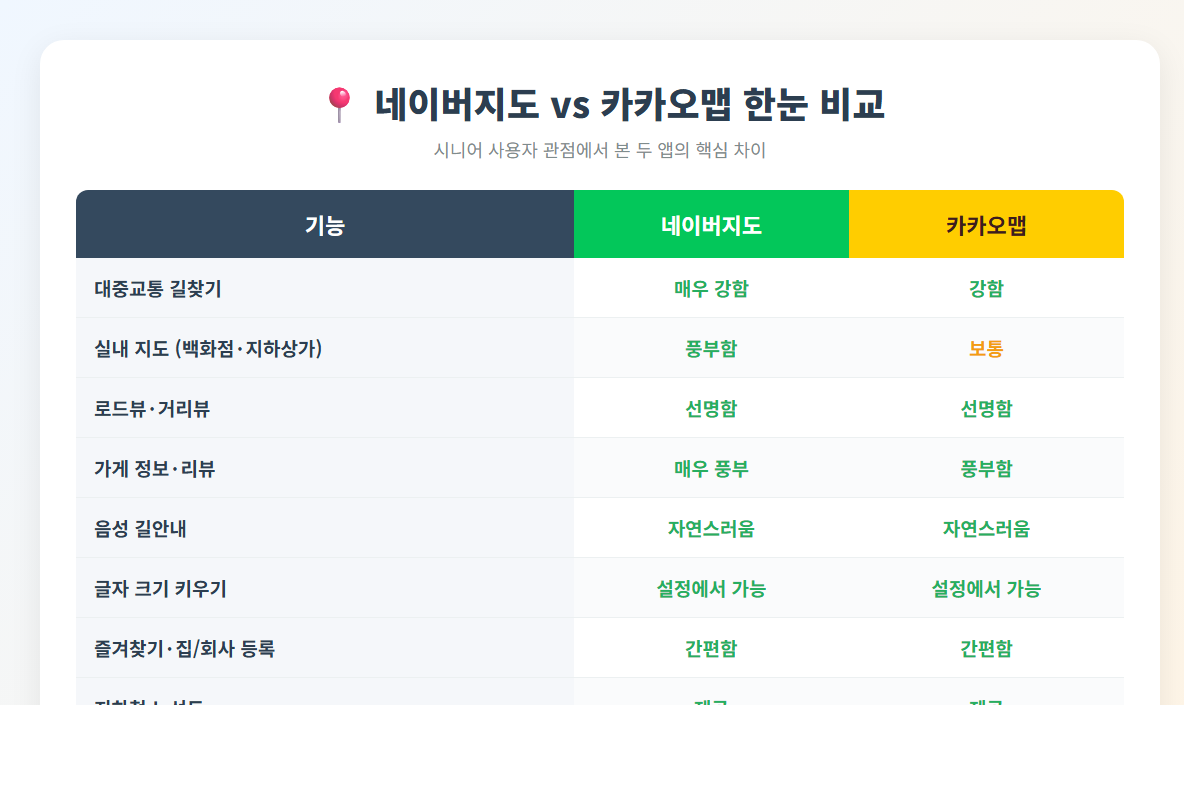 네이버지도와 카카오맵 기능 비교표 - 대중교통 실내지도 로드뷰 음성안내 비교