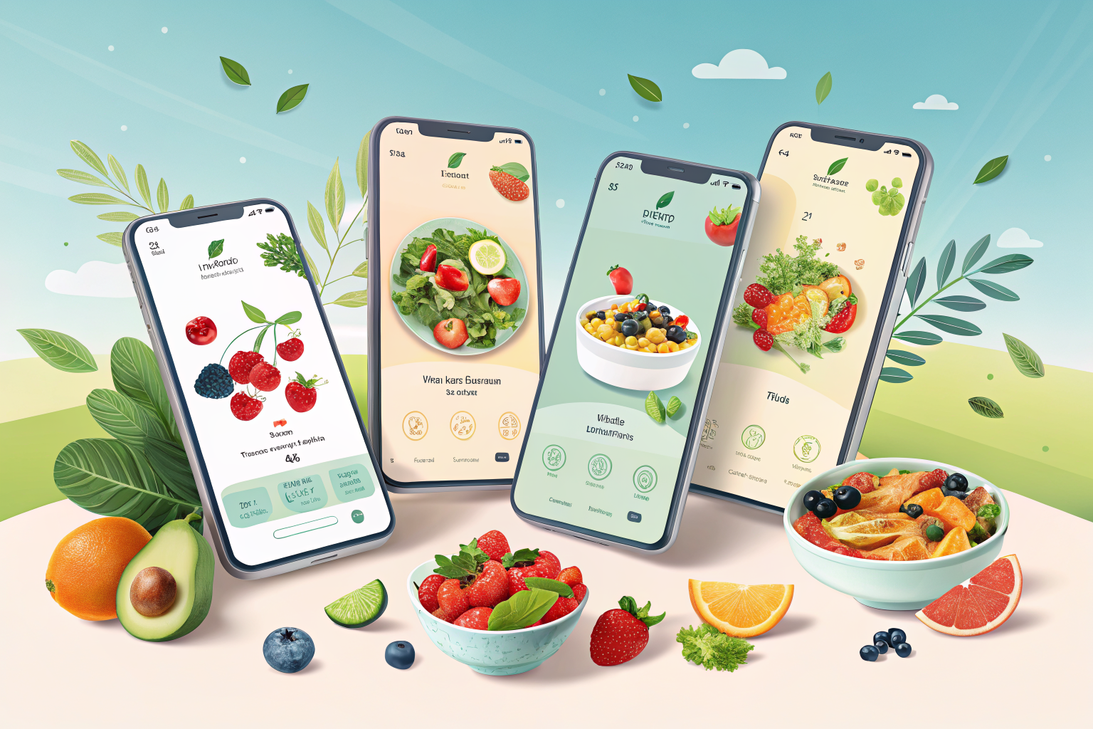 식단관리 앱 5가지 비교 일러스트 - 스마트폰으로 음식을 기록하는 모습