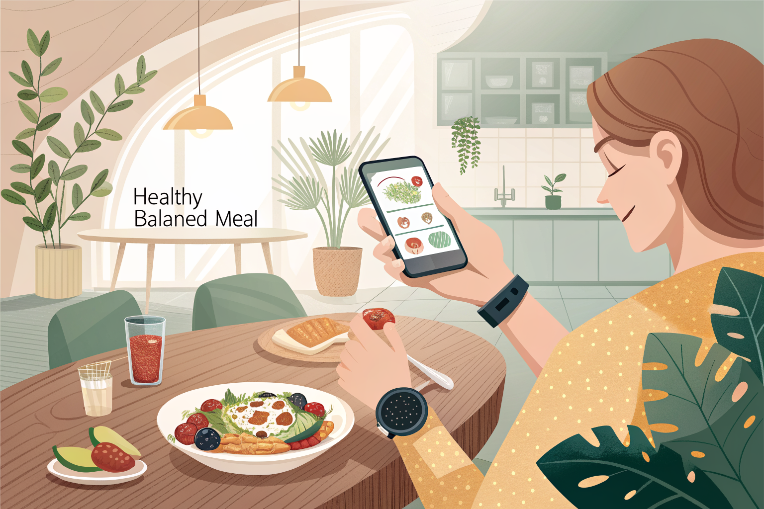 건강한 식단과 스마트폰 앱으로 식사를 기록하는 일러스트
