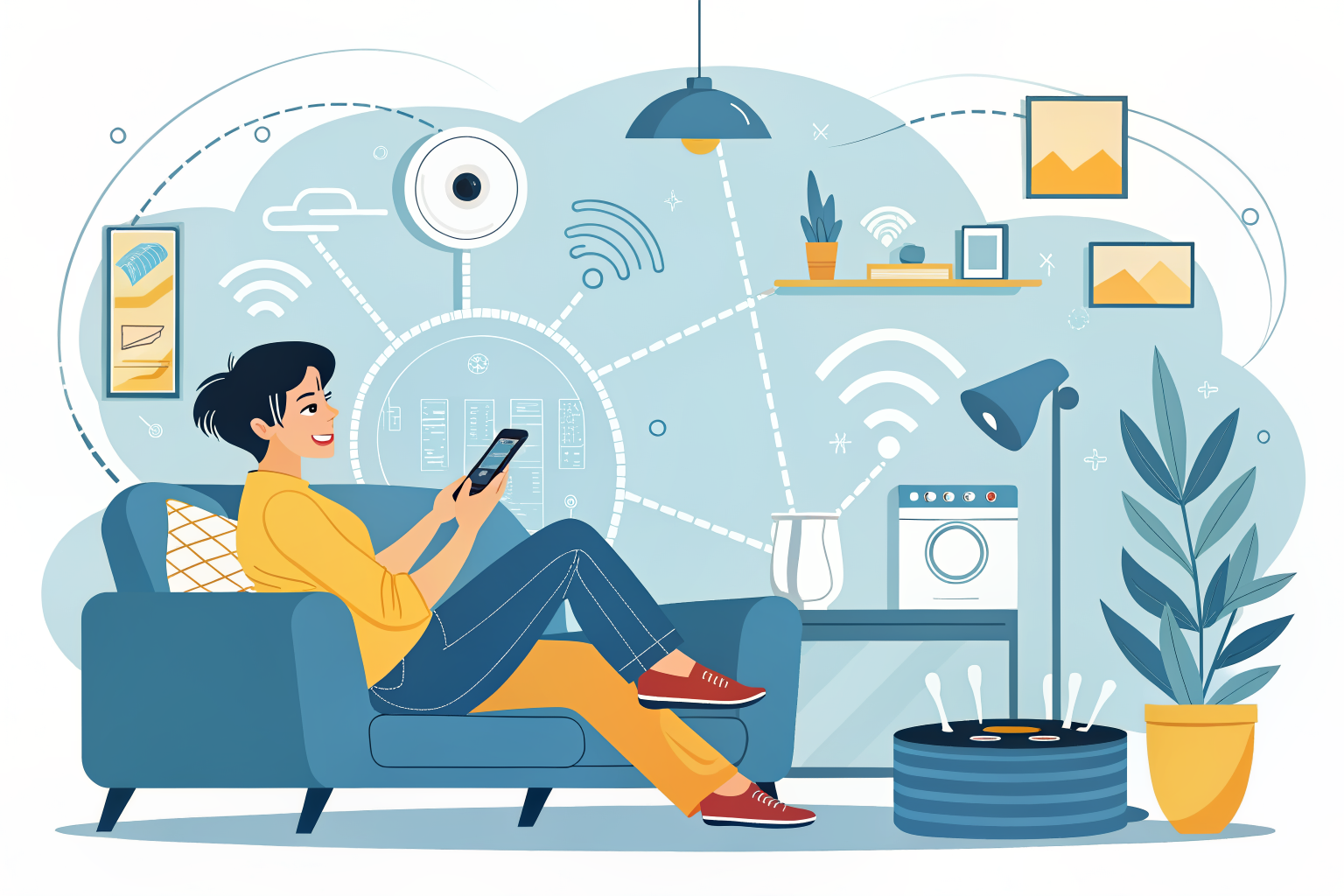 소파에서 스마트폰으로 집안 가전을 제어하는 생활 자동화 사용 장면