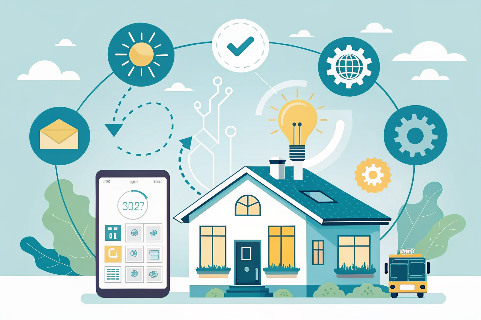 생활 자동화 가이드 썸네일 — 스마트폰과 집안 가전이 자동화로 연결된 일러스트