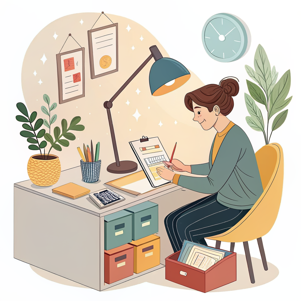 가계부 작성 책상 정리 일러스트 - 월간 예산 플래너