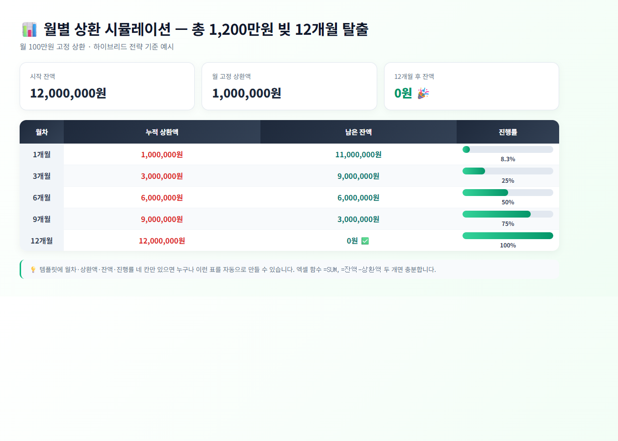 월 100만원 고정 상환 12개월 부채 상환 시뮬레이션 표