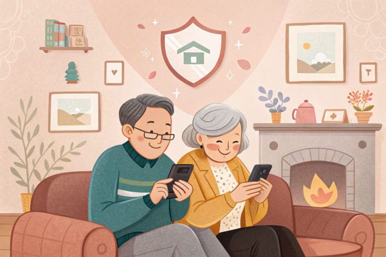 시니어 부부가 스마트폰을 안전하게 사용하는 모습 일러스트