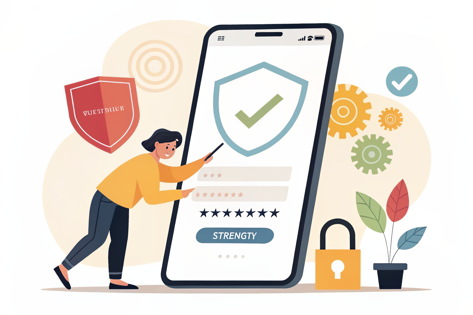 스마트폰에서 안전한 비밀번호를 설정하는 모습 일러스트