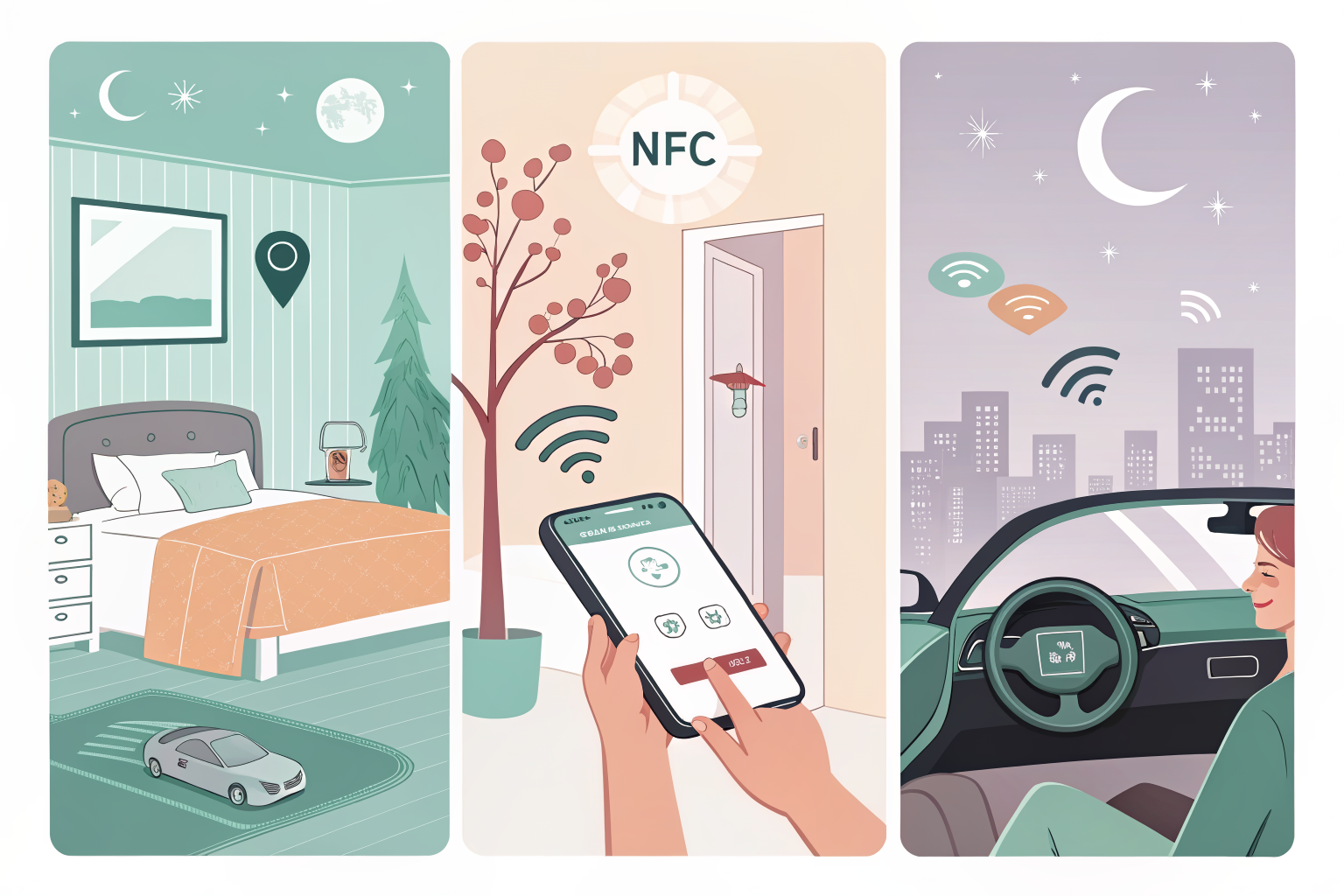 NFC 태그를 활용한 침실·차량·현관 자동화 시나리오 일러스트