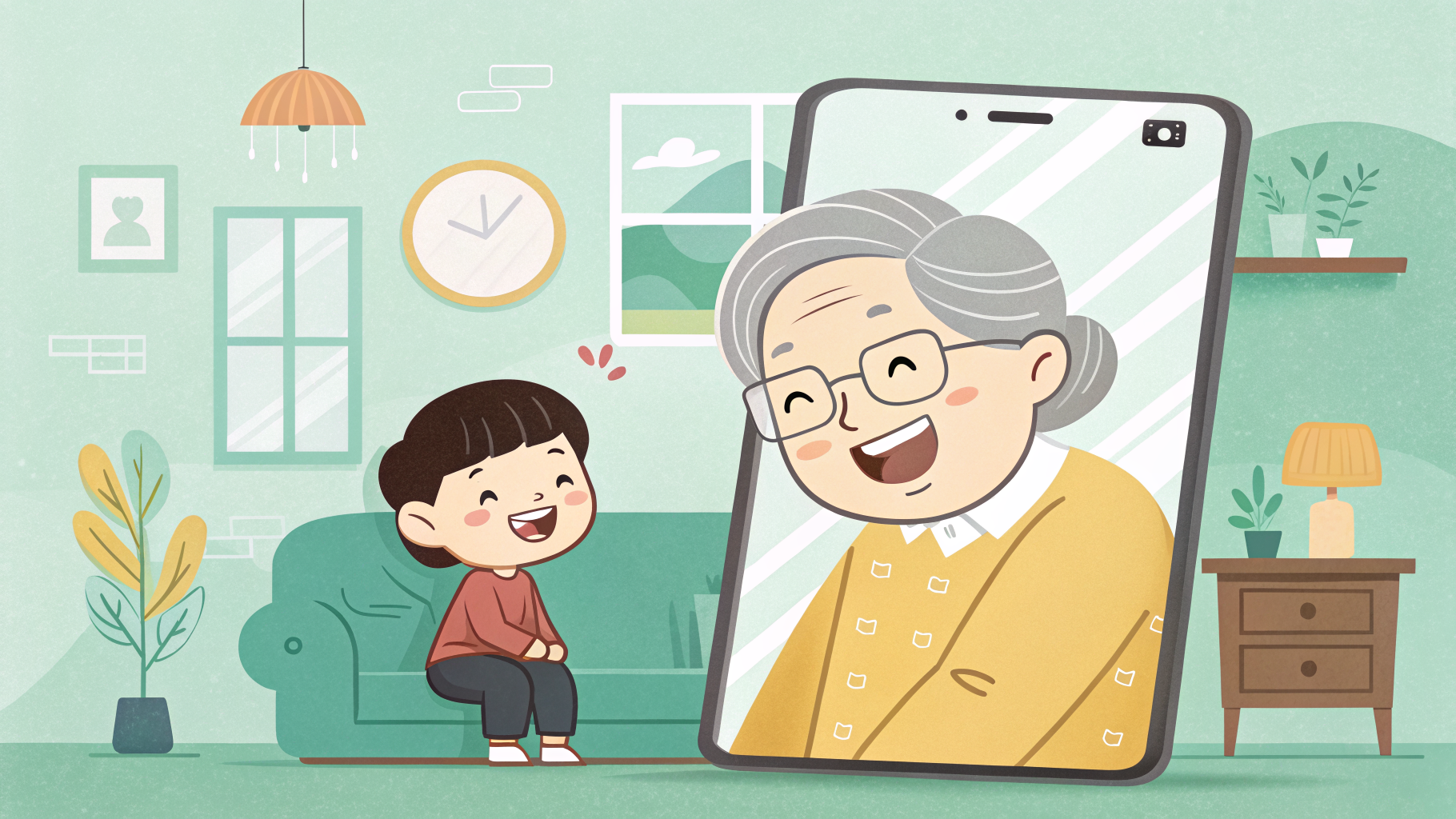 조부모와 손주가 영상통화로 유튜브를 함께 보는 일러스트